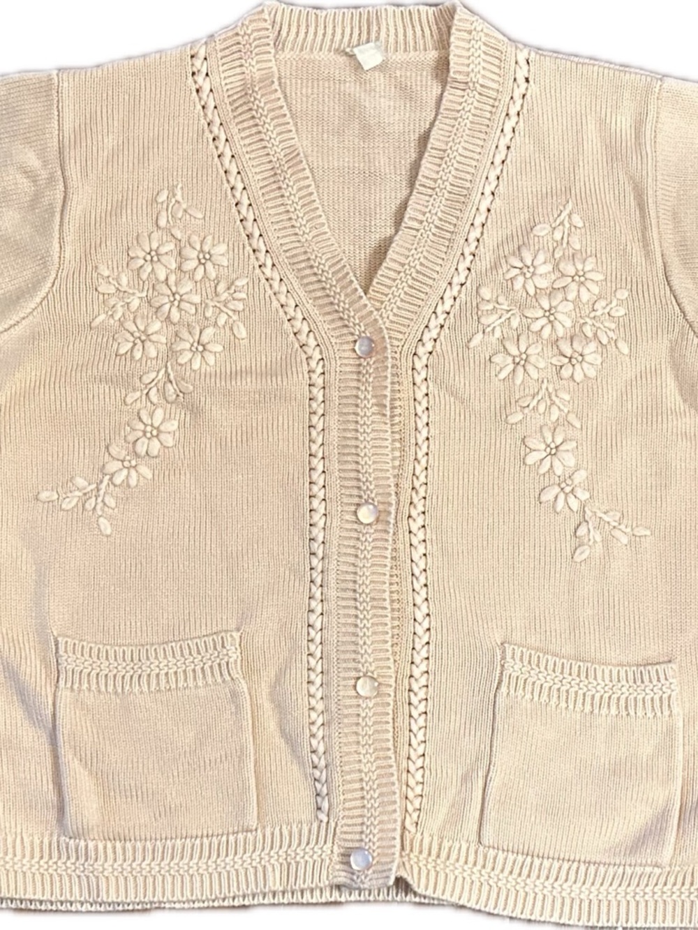 Vintage Pale Pink Floral Embroidered Knit Cardigan